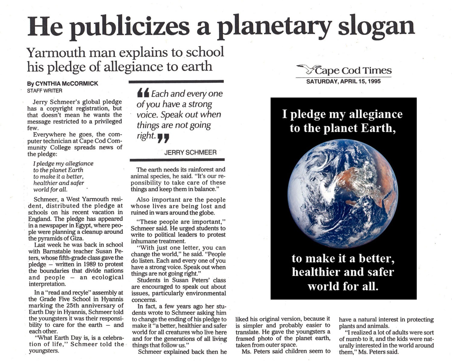 Scanned newspaper article about the Global Pledge.