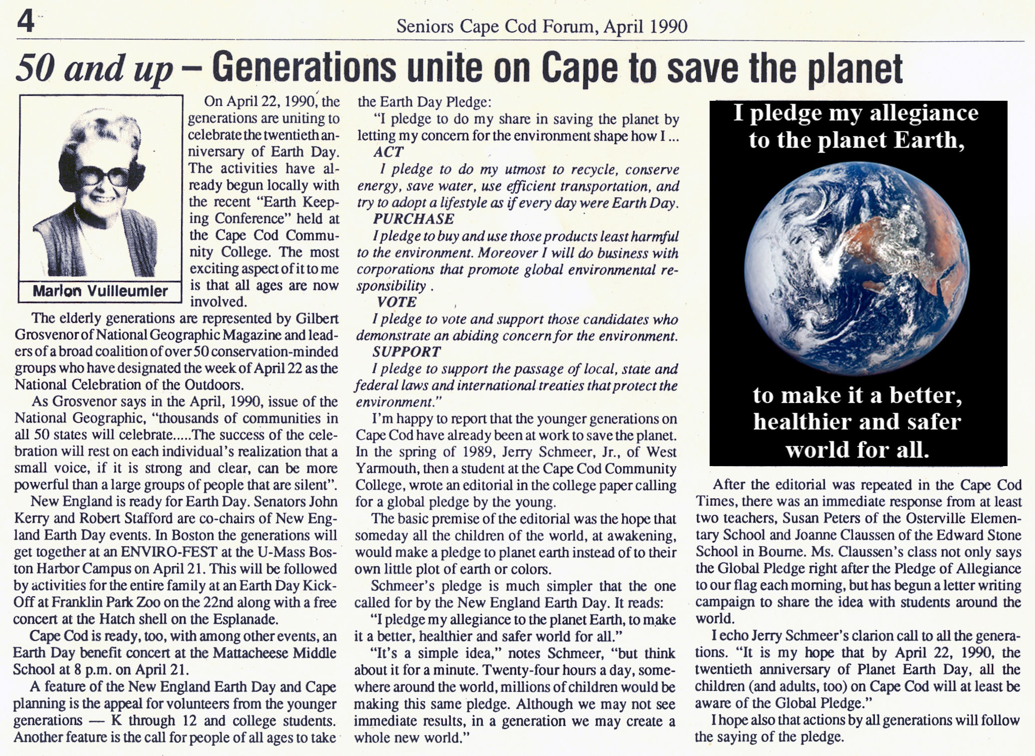 Scanned April 1990 newspaper article about generations uniting on Cape Cod to support Earth Day and the Global Pledge.