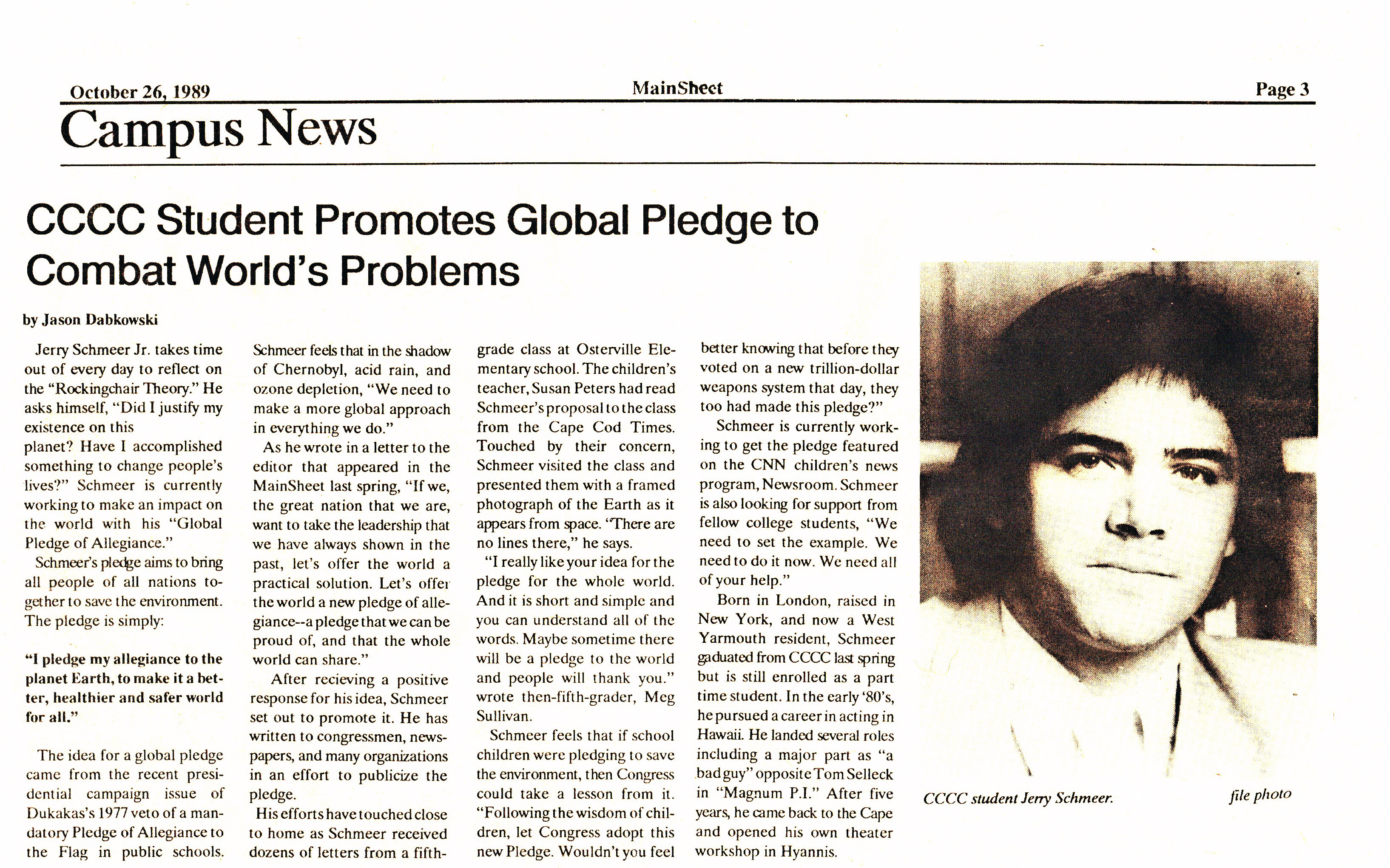 Scanned October 26, 1989 newspaper article about Jerry Schmeer Jr. and the Global Pledge.