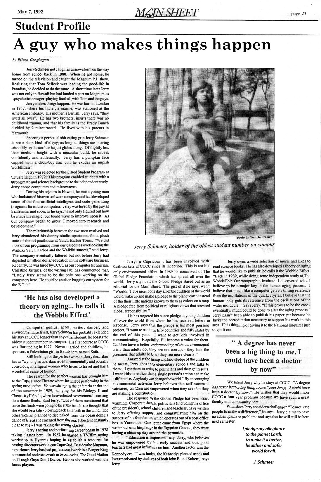 Scanned May 7, 1992 Main Sheet student profile article about Jerry Schmeer.