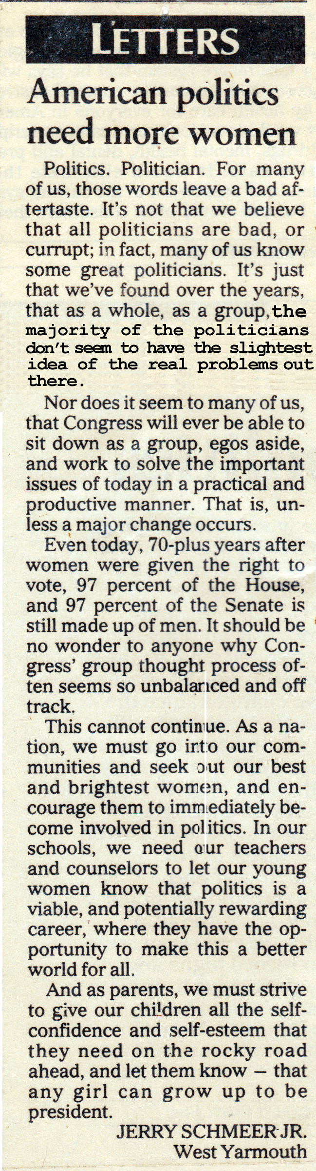 Scanned newspaper letter titled American politics need more women.