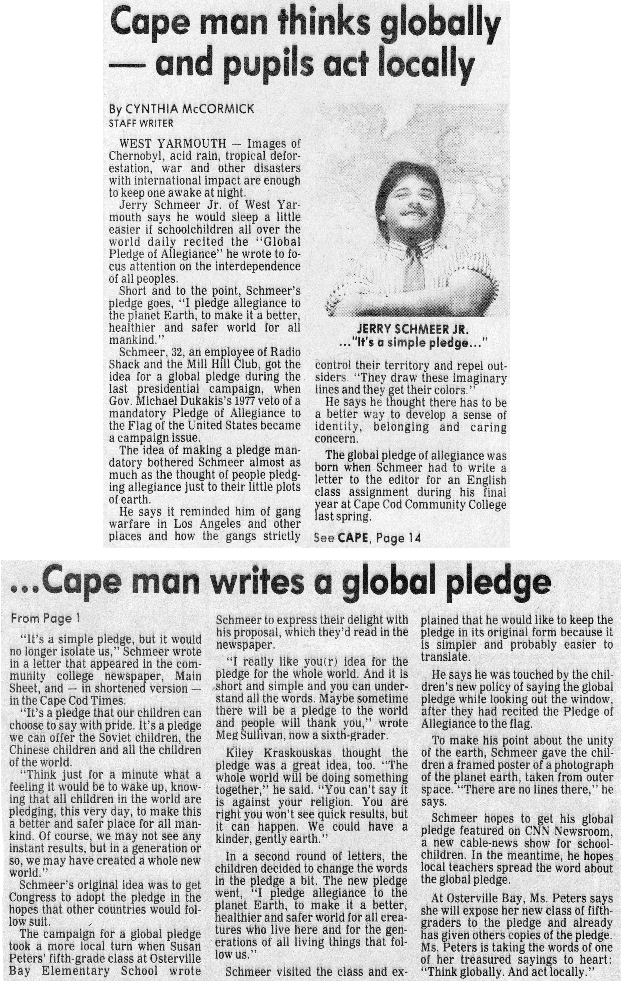Scanned newspaper article about Jerry Schmeer Jr., the Global Pledge, and schoolchildren responding to it.