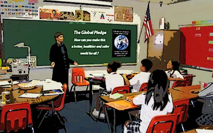 A classroom making the Global Pledge